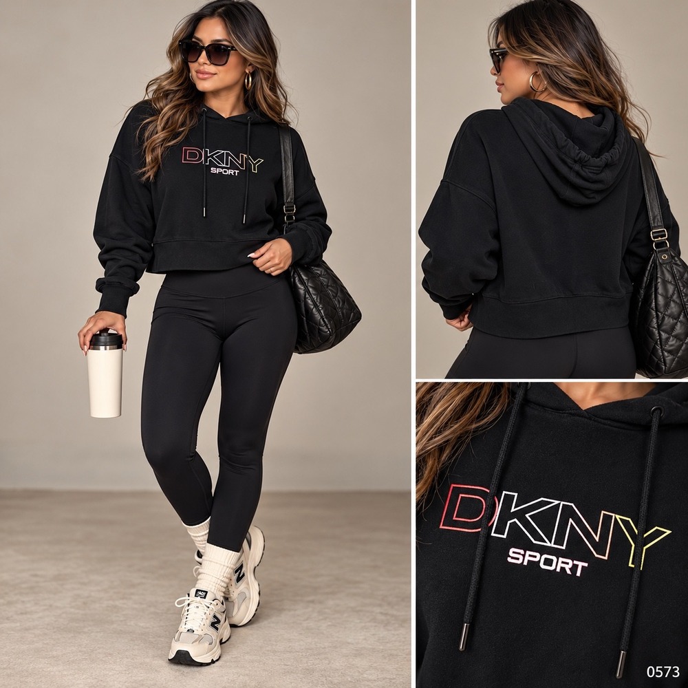 DKNY Sport Black Cropped Hoodie Womens XL Gradient Logo Pullover Sweatshirt 0616